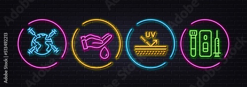 Wash hands, Uv protection and World vaccination minimal line icons. Neon laser 3d lights. Blood and saliva test icons. For web, application, printing. Vector