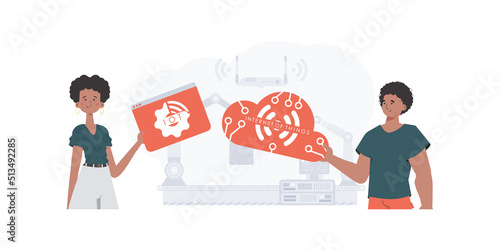 A man and a woman are a team in the field of the Internet of things. Internet of things concept. Good for websites and presentations. Vector illustration in flat style.
