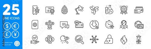 Outline icons set. Lock, Artificial colors and Search icons. Comment, Flammable fuel, File management web elements. Certificate, Refrigerator, Table lamp signs. Global business. Vector