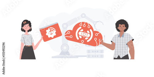 A man and a woman are a team in the field of the Internet of things. Internet of things concept. Good for websites and presentations. Trendy flat style. Vector.