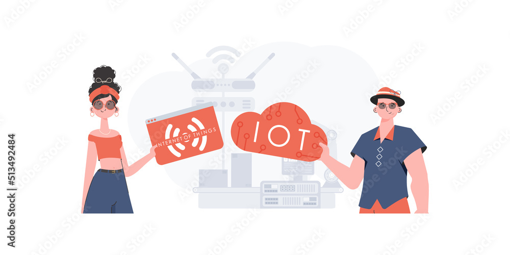 A man and a woman are a team in the field of the Internet of things. IoT concept. Good for websites and presentations. Vector illustration in flat style.