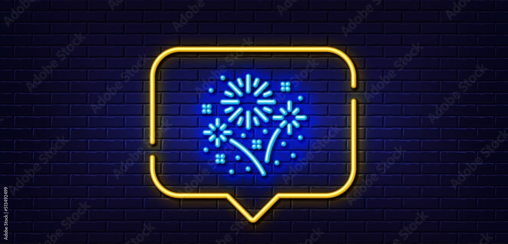 Neon light speech bubble. Fireworks line icon. Pyrotechnic salute sign. Carnival celebration lights symbol. Neon light background. Fireworks glow line. Brick wall banner. Vector Neon light speech bubble. Fireworks line icon. Pyrotechnic salute sign. Carnival celebration lights symbol. Neon light background. Fireworks glow line. Brick wall banner. Vector
