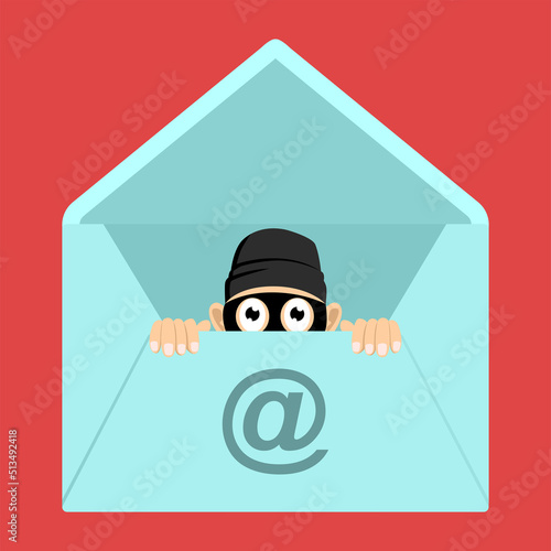 Funny cartoon of a thief peeping from the inside of an envelope
