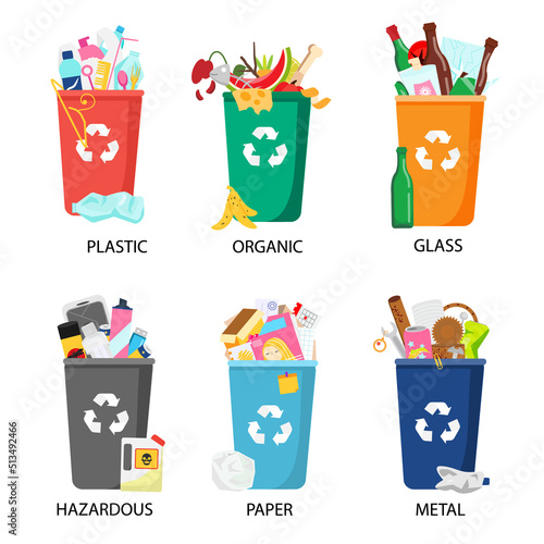 Waste sorting. Big collection of garbage types. Organic, paper, metal, hazardous, plastic and other trash icons, bins