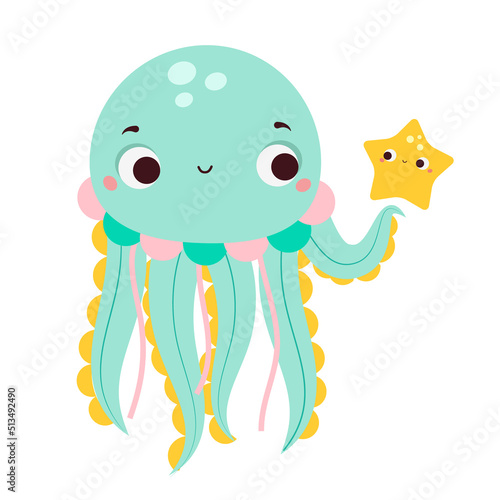 Cute jellyfish with starfish. Cartoon animal character for kids and children © ksuklein