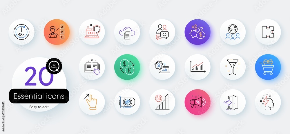 Simple set of Opinion, Fake internet and Brainstorming line icons. Include Gpu, Global business, Cocktail icons. Communication, File storage, Entrance web elements. Graph. Vector