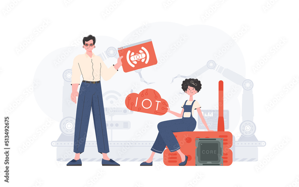 A man and a woman are a team in the field of the Internet of things. Internet of things and automation concept. Good for websites and presentations. Vector illustration. A man and a woman are a team in the field of the Internet of things. Internet of things and automation concept. Good for websites and presentations. Vector illustration.