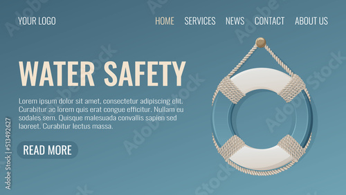 Water safety, lifebuoy with ropes, blue web template, vector illustration in cartoon nautical marine style. For banner, poster, website interface, advertising. Concept of rest at the beach, pool
