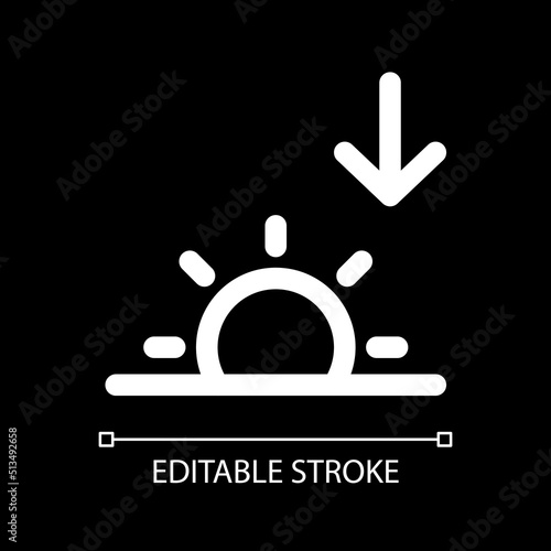 Sunset white linear ui icon for dark theme. Sun disappearing prediction. Nighttime. Vector line pictogram. Isolated user interface symbol for night mode. Editable stroke. Arial font used