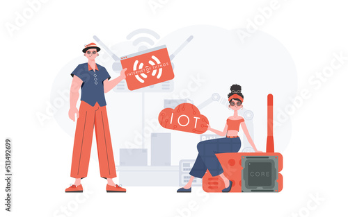 A man and a woman are a team in the field of the Internet of things. Internet of things and automation concept. Good for presentations and websites. Vector illustration in trendy flat style.