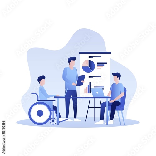 Business Analytics Creative Team Working in Office. Cartoon Male Colleagues Characters Brainstorming and Analyzing Data on Laptop with Disabled Man in Wheelchair. Vector Flat Illustration.