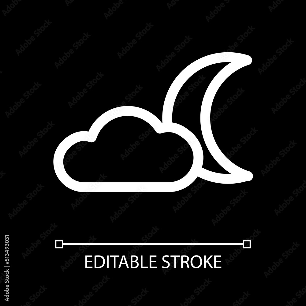 Cloudy night white linear ui icon for dark theme. Sleeping mode. Nighttime weather. Vector line pictogram. Isolated user interface symbol for night mode. Editable stroke. Arial font used Cloudy night white linear ui icon for dark theme. Sleeping mode. Nighttime weather. Vector line pictogram. Isolated user interface symbol for night mode. Editable stroke. Arial font used