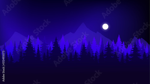 Silhouette landscape with fog, forest, pine trees, mountains. Illustration of night view, moon shine, mist. Navy blue. Good for wallpaper, background, web banner, cover, poster.