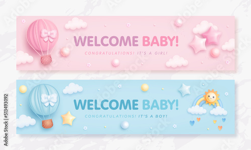 Set of baby shower invitation with cartoon hot air balloon, rainbow, sun, balloons and clouds on blue and pink background. It's a boy. It's a girl. Vector illustration