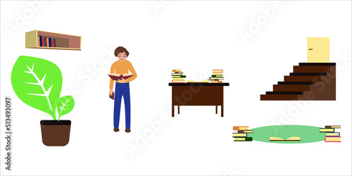 students reads books, lovers of modern literature, isolated on white background. Study and preparation for the exam. Vector flat cartoon.
