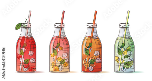 Collection of hand-drawn vector illustrations of juice bottles: watermelon, peach, orange, lemon. For summer party poster, cafe bar, menu, postcard design, banner. Summer holidays, vacation concept