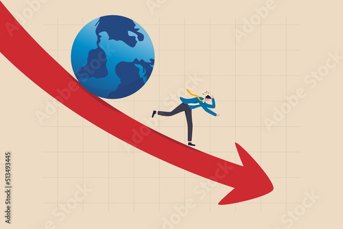 World economic recession, global financial crisis or international stock market crash, investment asset fall down, decline concept, frustrated businessman investor run away from falling down earth.