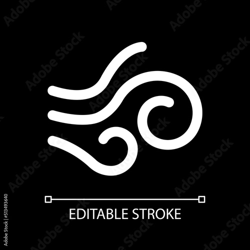 Strong wind white linear ui icon for dark theme. Wind force and speed. Weather forecast. Vector line pictogram. Isolated user interface symbol for night mode. Editable stroke. Arial font used