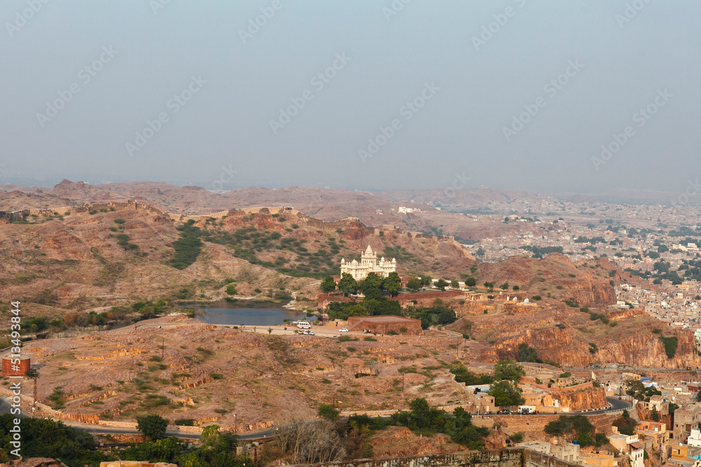 View at Jaswant Thada cenotaph and city walls from the Mehrangarh fort in Jodhpur, Rajasthan, India, Asia
