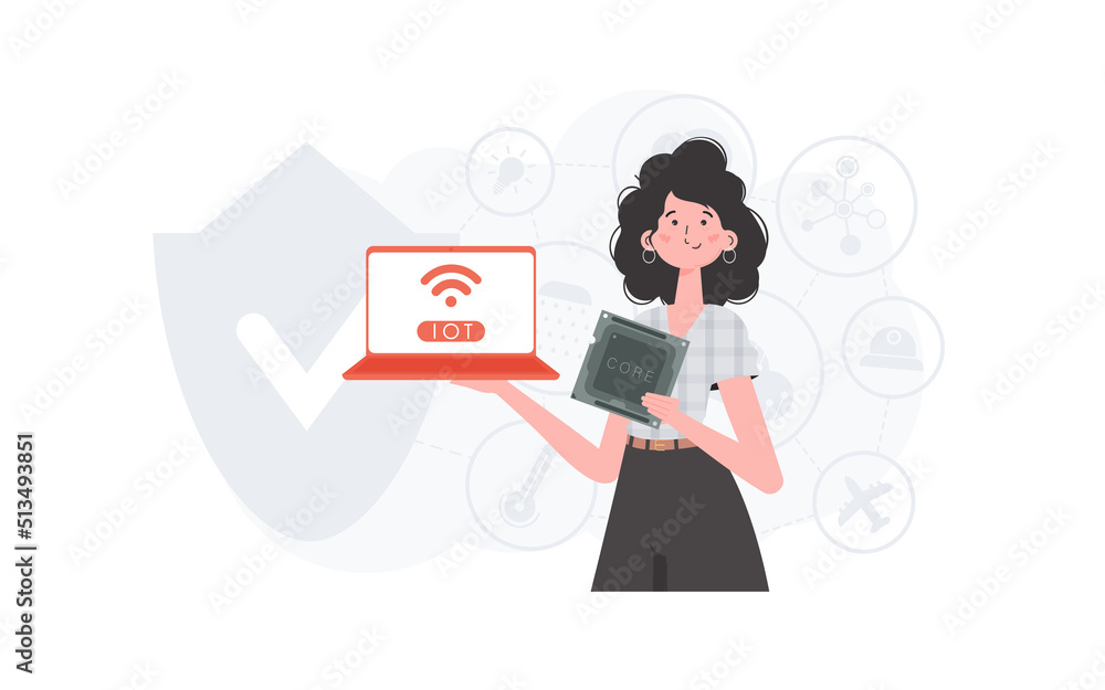 A woman holds a laptop and a processor chip in her hands. IOT and automation concept. Trendy flat style. Vector illustration. A woman holds a laptop and a processor chip in her hands. IOT and automation concept. Trendy flat style. Vector illustration.