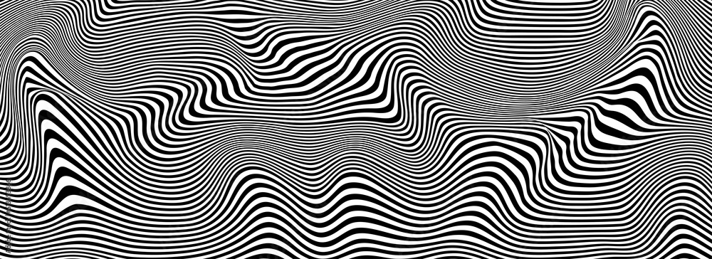 Abstract optical illusion wave. A flow of black and white stripes forming a wavy distortion effect. Vector Illustration.
