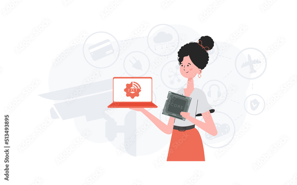 A woman holds a laptop and a processor chip in her hands. IOT and automation concept. Vector. A woman holds a laptop and a processor chip in her hands. IOT and automation concept. Vector.