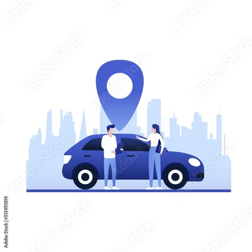 people using online ordering taxi car sharing concept transportation carsharing service app man woman with gps pin.