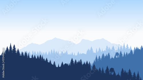 Beautiful forest panoramic. Realistic isolated vector background. Landscape blue trees pine in mist design. Mystery fog in park concept. Nature beauty. Tourism web banner.