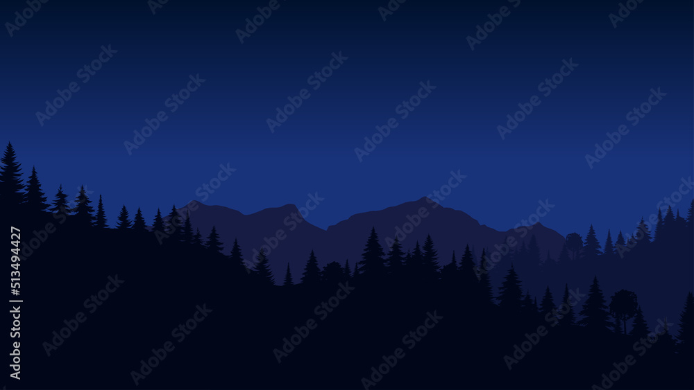 Silhouette landscape with fog, forest, pine trees, mountains. Illustration of night view, mist. Navy blue. Good for wallpaper, background, web banner, cover, poster.