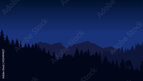 Silhouette landscape with fog, forest, pine trees, mountains. Illustration of night view, mist. Navy blue. Good for wallpaper, background, web banner, cover, poster.