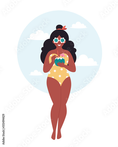 Black woman with summer cocktail. Hello summer, vacation, summertime, summer party. Woman in retro swimsuit and retro glasses. Hand drawn vector illustration