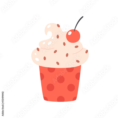 Vanilla ice cream in cup with cherry and chocolate drops. Summertime, hello summer. Hand drawn vector illustration