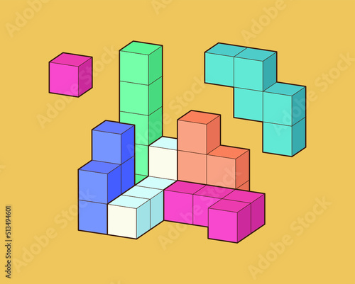 Crystal cube. 3D building block set. Isometric blocks. Abstract construction from isometric blocks tetris shapes. The concept of logical thinking, geometric shapes.