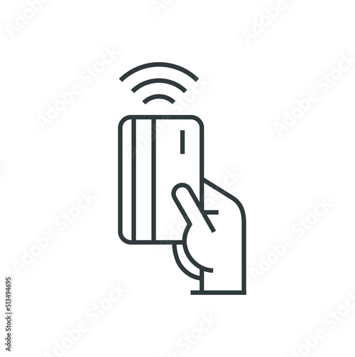 NFC contactless wireless pay sign logo. Credit card or mobile nfc payment. Vector icon concept. Hand holding credit debit card.