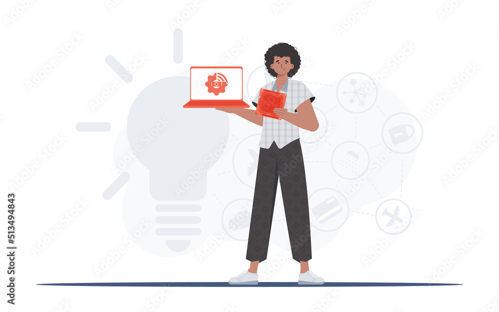 The guy holds a laptop and a processor chip in his hands. IoT concept. Vector illustration in flat style.