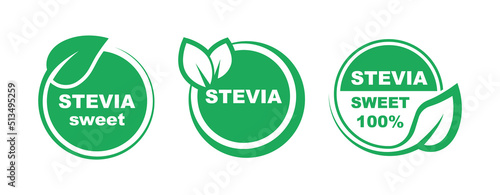 Stevia label set. Stevia sweetener. Sugar substitute. 100% natural stevia. Eco, organic and bio icon. Vector illustration.