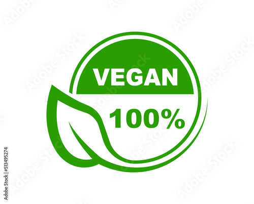 Vegan icon. 100% Vegan label. Vegan diet logo. Healthy, organic and natural product badge. Vector Illustration.