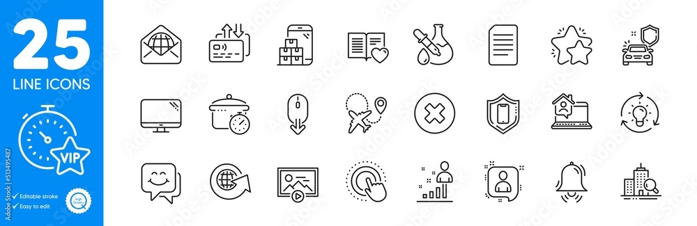 Outline icons set. Click hand, Web mail and World globe icons. Boiling pan, Stats, Inspect web elements. Clock bell, Close button, Document signs. Scroll down, Love book, Computer. Vector Outline icons set. Click hand, Web mail and World globe icons. Boiling pan, Stats, Inspect web elements. Clock bell, Close button, Document signs. Scroll down, Love book, Computer. Vector