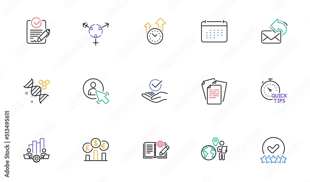 User, Chemistry dna and Time management line icons for website, printing. Collection of Calendar, Rating stars, Currency rate icons. Teamwork chart, Quick tips, Share mail web elements. Vector