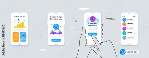 Set of Alcohol free, Wedding glasses and Coffee cup line icons. Phone ui interface. Include Peanut, Prohibit food, Coffee maker icons. Medical food web elements. For web, application. Vector
