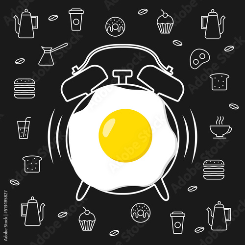 Fried egg and hand drawn watercolor alarm clock on textured black board background with outline food icons. Vector design for breakfast menu, cafe, restaurant. Fast food background.