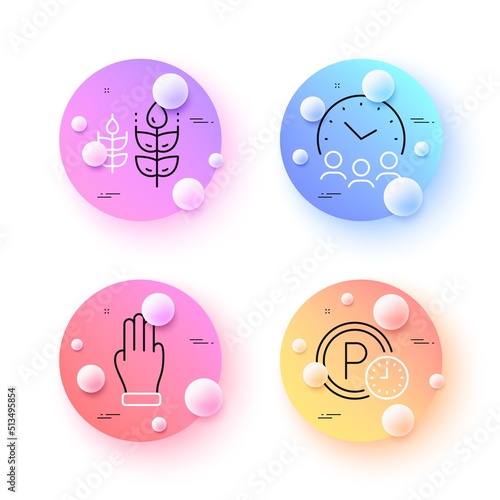 Three fingers, Meeting time and Parking time minimal line icons. 3d spheres or balls buttons. Gluten free icons. For web, application, printing. Click palm, Conference hours, Park clock. Vector