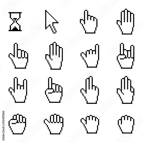 Cursor, cursor hand pointer and sand clock pixel icon set . Vector illustration