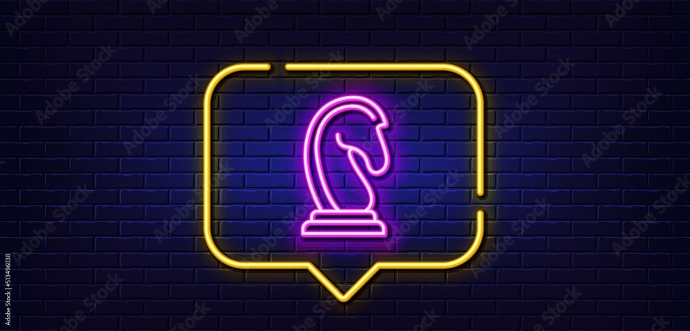 Neon light speech bubble. Chess Knight line icon. Marketing strategy symbol. Business targeting sign. Neon light background. Marketing strategy glow line. Brick wall banner. Vector Neon light speech bubble. Chess Knight line icon. Marketing strategy symbol. Business targeting sign. Neon light background. Marketing strategy glow line. Brick wall banner. Vector