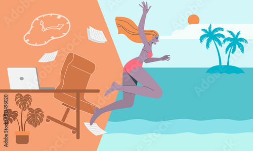 Let the summer begin. Young woman jumping from office into the sea, Summer beach background. Vector design illustration.