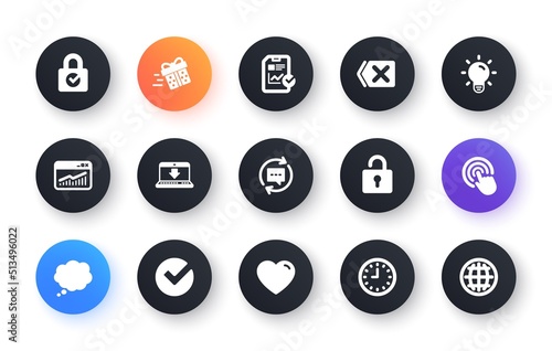 Report, Time and Globe icons. Statistics, Light bulb and Gift surprise box. Classic icon set. Circle web buttons. Vector