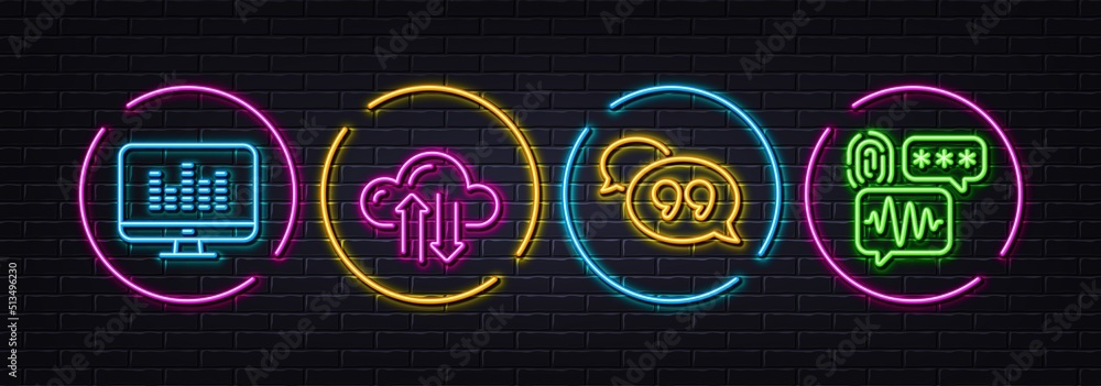 Music making, Quote bubble and Cloud sync minimal line icons. Neon laser 3d lights. Biometric security icons. For web, application, printing. Dj app, Chat comment, Synchronize storage. Vector