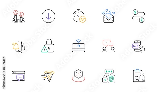 Fast verification , Scroll down and Money transfer line icons for website, printing. Collection of Ab testing, Lock, Messenger mail icons. Biometric security, Food delivery. Vector
