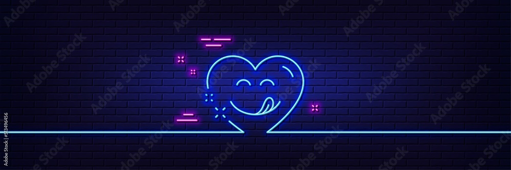 Neon light glow effect. Yummy smile line icon. Emoticon with tongue sign. Comic heart symbol. 3d line neon glow icon. Brick wall banner. Yummy smile outline. Vector Neon light glow effect. Yummy smile line icon. Emoticon with tongue sign. Comic heart symbol. 3d line neon glow icon. Brick wall banner. Yummy smile outline. Vector