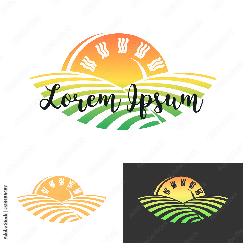 Sun and green hills, color logo, emblem. The concept of a farm, agriculture, harvest. Vector illustration